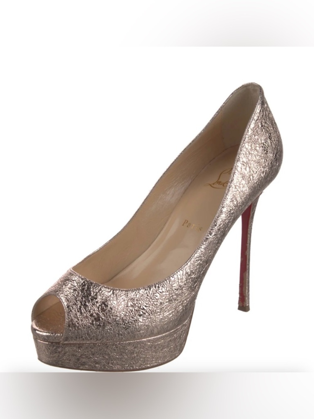 🪩✨ Christian Louboutin Metallic Rose Gold Peep-Toe Platform Pump with Red Sole - Picture 13 of 13